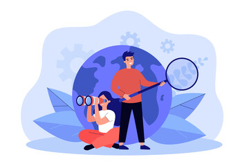 Employees searching for business or career opportunities. Man and woman with binoculars and magnifier in front of globe flat vector illustration. Global business, communication, investment concept
