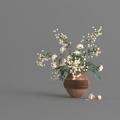 Pink flowers in a terracotta vase isolated on gray background