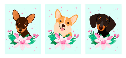A set of dogs with magnolia flowers. Cartoon design. Vector illustration.
