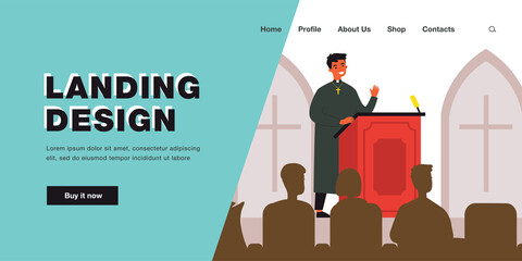 Catholic priest speaking on podium of church. Preaching of reverend father standing at tribune flat vector illustration. Religious speech concept for banner, website design or landing web page