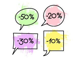 Multicolored talking bubbles with percent discount.