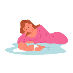 Baby sleeps, Breastfeeding lactation, happy mothers day, motherhood concept vector illustration. Cartoon mom with newborn child, baby drinks milk from breast, young mother
