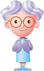 Grandmother wearing a violet cardigan.