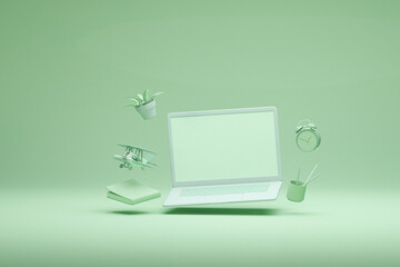 Laptop Screen with book, toy airplane, and aloe vera pot floating in the air. Concept of study, online education, computer, work on green color background. 3d render
