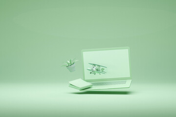 Laptop Screen with book, toy airplane, and aloe vera pot floating in the air. Concept of study, online education, computer, work on green color background. 3d render
