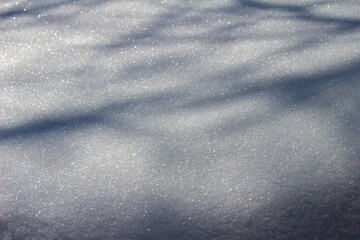 Close-up abstract texture background of heavy snow on the end of a home rooftop, with faint tree shadows and copy space