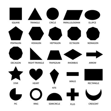 Basic shapes geometric form collection for primary school or preschool. Black kids geometry figures for learning, children education, educational set on white background