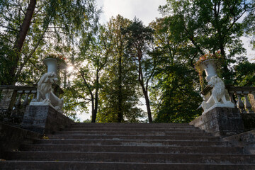 Fragment of an ancient Italian staircase with a marble Lion in Pavlovsk Park and Palace Complex, Saint Petersburg, Russia