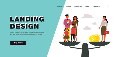 Family with kids and businesswoman standing on scales. Choice between maternity and career for woman flat vector illustration. Life comparison concept for banner, website design or landing web page