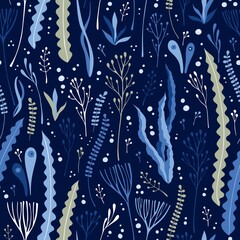 Seamless ornament with seaweed and bubbles on dark blue background. Underwater vector pattern. © Happy Dragon