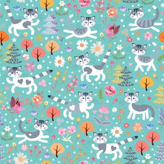 Cute cartoon kittens walk in a summer forest among trees and flowers on an emerald green background. Lovely fairytale print for baby clothes, bedding, wallpaper. Seamless multicolor fabric pattern.