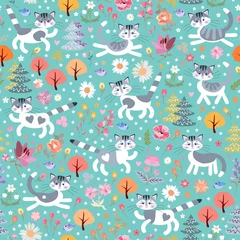 Fotobehang Cute cartoon kittens walk in a summer forest among trees and flowers on an emerald green background. Lovely fairytale print for baby clothes, bedding, wallpaper. Seamless multicolor fabric pattern. © Happy Dragon