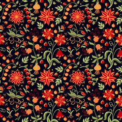 Fairytale floral seamless ornament with red and yellow flowers and berries and bright green leaves isolated on black background. Russian folklore motifs. Vector print for fabric, wallpaper.