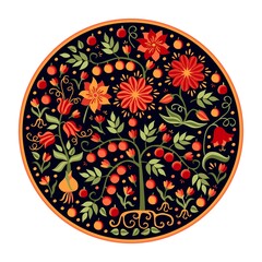 Round plate with flowers, berries and leaves in red-orange-green colors on a black background.
