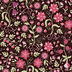 Fototapeta na wymiar Beautiful romantic floral ditsy ornament with flowers in red and purple colors, berries, green leaves and small white spots isolated on black background. Great fabric for a dress.