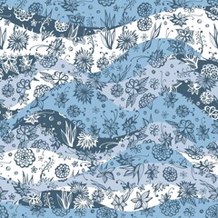 Seamless pattern with flowing waves with floral ornaments. Patchwork pattern in blue colors. Beautiful print for fabric.