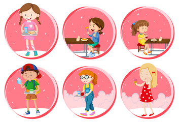 Set of Little boy and girl eating food on white background