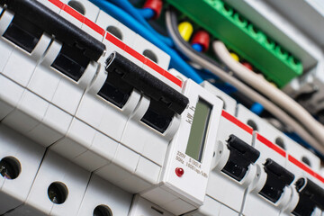 Switches in fusebox. electric power line safety.