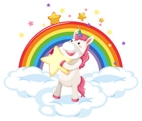 Pink unicorn standing on a cloud with rainbow