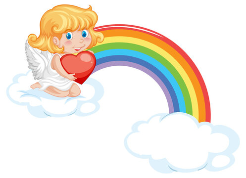 Angel girl sitting on a cloud with rainbow