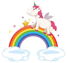 Pink pegasus walking on rainbow in cartoon style