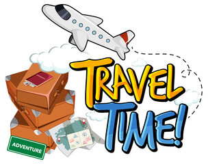 Travel Time typography design with luggages and airplane