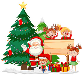 Santa Claus and children with empty wooden board