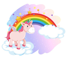 Pink unicorn standing on cloud with rainbow