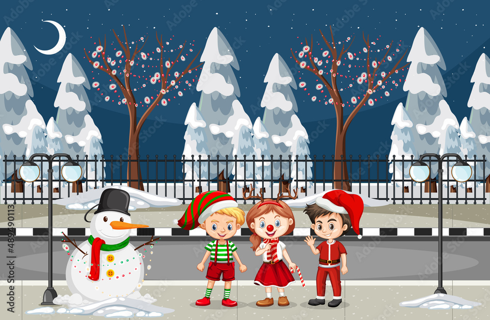 Sticker Winter park outdoor scene with children in Christmas costumes