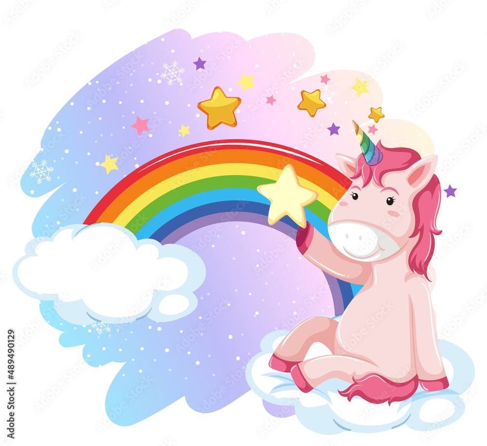 Sticker pink unicorn sitting on a cloud with rainbow