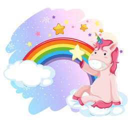 Pink unicorn sitting on a cloud with rainbow