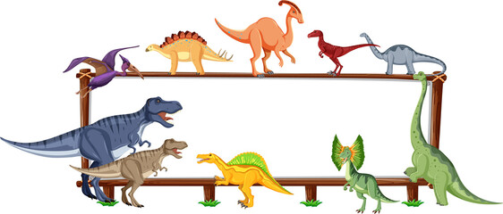 Group of dinosaurs around board on white background © blueringmedia