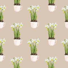 A spring bouquet in a flower pot. Watercolor drawing. Endless pattern, seamless pattern