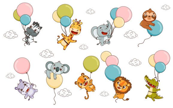Set kids tropical animals fly on balloons. Hippo, lion, elephant, giraffe, crocodile, zebra, sloth, tiger, koala. Vector illustration for designs, prints, patterns. Isolated on white background