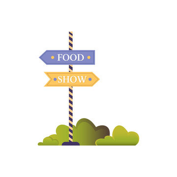 Carnival signpost with text in the bushes. Colorful flat illustration isolated on white background. Amusement park concept.