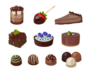 Chocolate desserts set. Vector illustrations of sweet food and snacks. Cartoon round or square cakes and biscuits, strawberry with ganache isolated on white. Confectionery, pastry shop menu concept