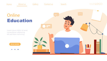 Study online landing page template, modern student or learner studying remotely from home, online student. Online education, training and courses, learning. Modern vector illustration in flat style.