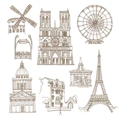 Deurstickers  Paris, France. Vector sketch of the old city. Manual public and religious buildings, attractions, entrance station © Nata