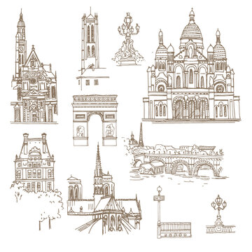 Paris, France. Vector sketch old town. Hand drawn public and religious buildings, urban elements.