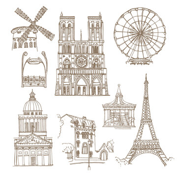 
Paris, France. Vector sketch of the old city. Manual public and religious buildings, attractions, entrance station