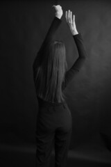 dark long hair, black portrait of a woman's head