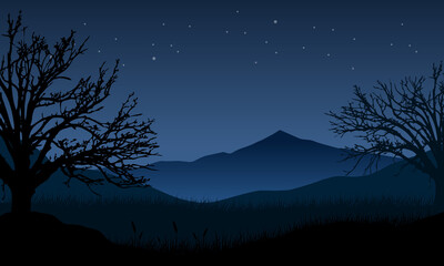 Realistic mountain landscape at night with dry pine tree silhouettes around