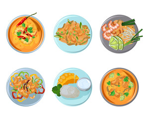 Thai food on plates set. Vector illustrations of spicy Asian traditional dishes. Cartoon top view of sticky mango rice, curry with shrimp and salad isolated on white. Cuisine of Thailand concept