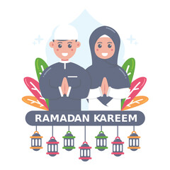 Ramadan Kareem Concept with Cute girl and boy moslem Illustration