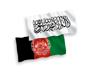 National vector fabric wave flags of Taliban and Islamic Republic of Afghanistan isolated on white background. 1 to 2 proportion.