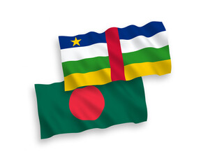 National vector fabric wave flags of Central African Republic and Bangladesh isolated on white background. 1 to 2 proportion.