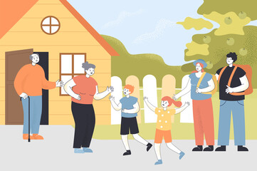 Excited kids visiting old grandparents with parents. Welcome home, happy grandchildren with grandmother and grandfather, young couple with boy and girl flat vector illustration. Family, love concept