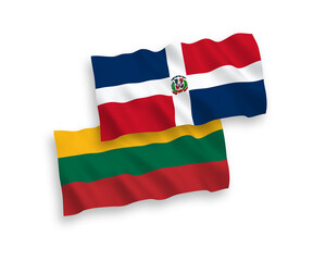 National vector fabric wave flags of Lithuania and Dominican Republic isolated on white background. 1 to 2 proportion.