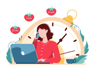 Woman working with computer using time management. Pomodoro technique concept vector illustration. Female character planning daily life tasks and schedule. Work and private life balance success.
