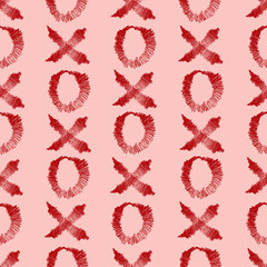 Vector seamless pattern with XOXO. Hipster symbols of hugs and kisses. on pink background